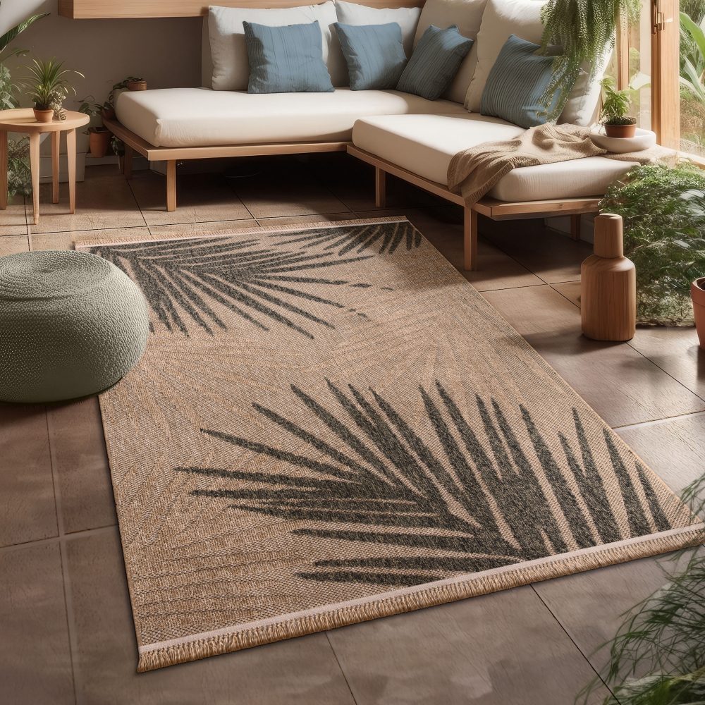Paco Home Teppich »Cologne 491«, rechteckig, Flachgewebe, Blätter, Hoch-Tief Effekt, mit Fransen, Outdoor geeignet