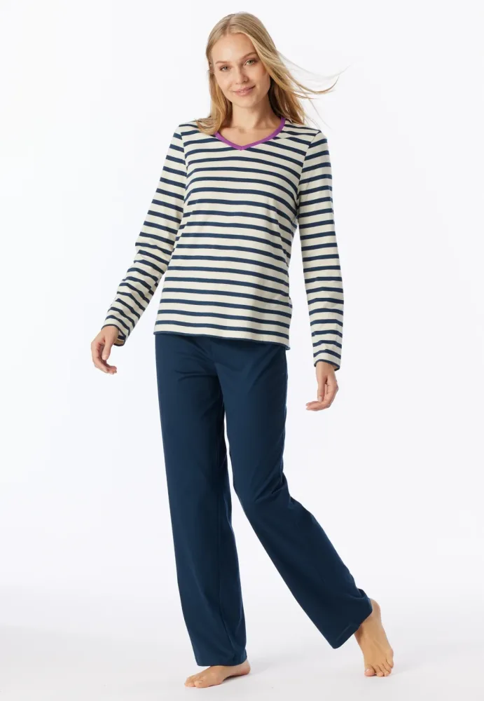 Schiesser Schlafanzug Dunkelblau/Weiss gestreift - Casual Essentials für Damen, Größe S, 100 % Baumwolle