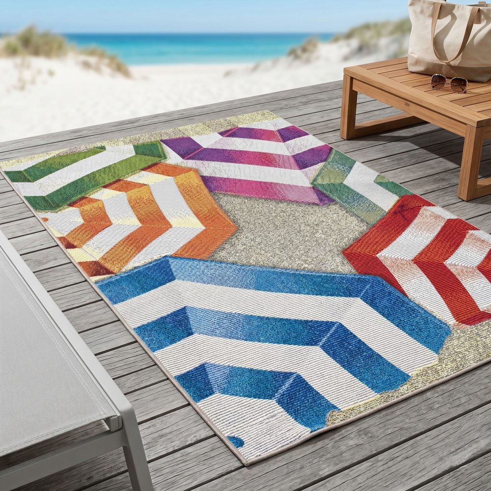 Sansibar Teppich »Rantum Beach SA-019«, rechteckig, 5 mm Höhe, Flachgewebe, modernes Design, Motiv Sonnenschirme