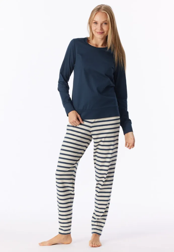 Schiesser Schlafanzug mit Bündchen Dunkelblau/Weiss gestreift - Casual Essentials für Damen, Größe S, 100 % Baumwolle