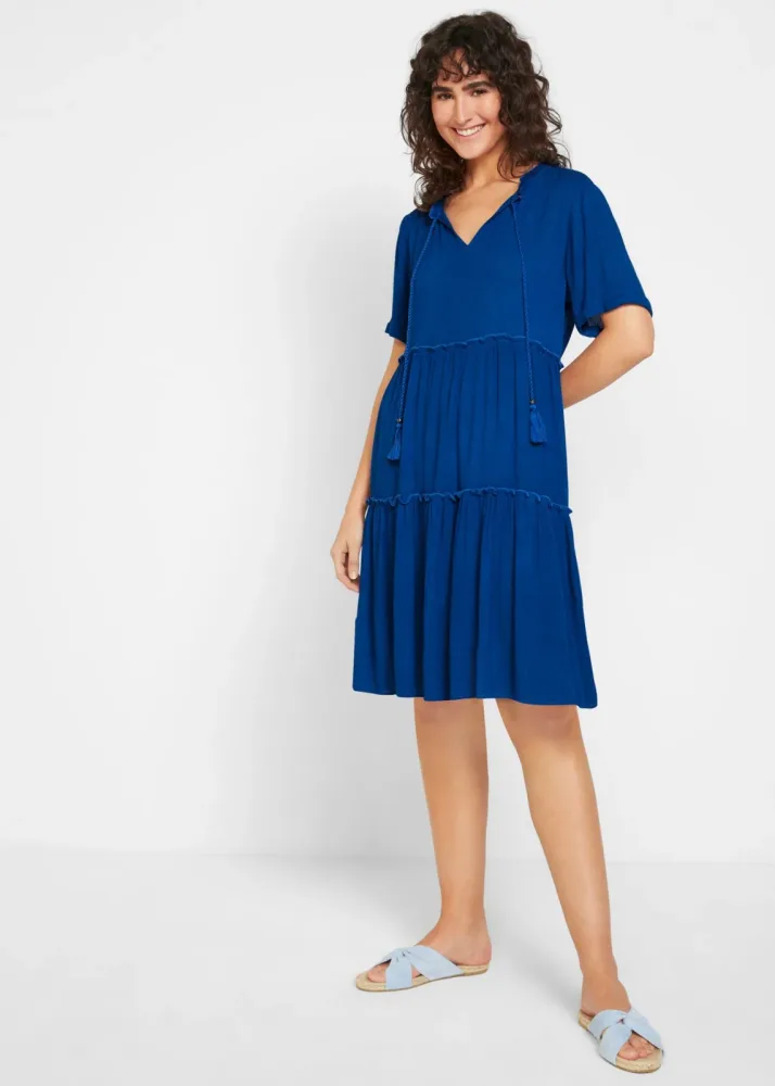 bonprix Knieumspielendes Viskose-Crinkle-Kleid mit Ausschnittdetailblau 38Damen