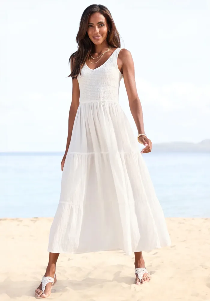 Beachtime by Lascana Maxikleid aus gewebter Baumwolle, Sommerkleid mit gestuftem Rock