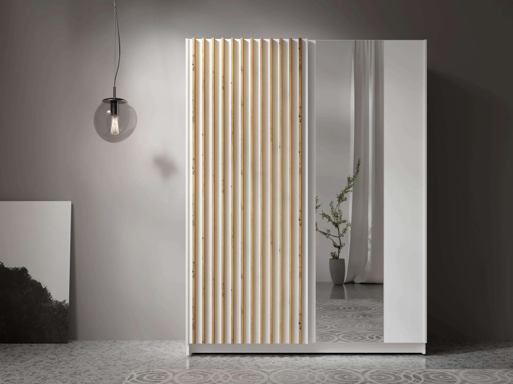 Home affaire Kleiderschrank »Kleiderschrank Camden mit Spiegel, 4 Einlegeböden und Kleiderstange«, Garderobe mit 2 Schwebetüren und Lamellen, BxHxT 150,5x198,5x61,6 cm
