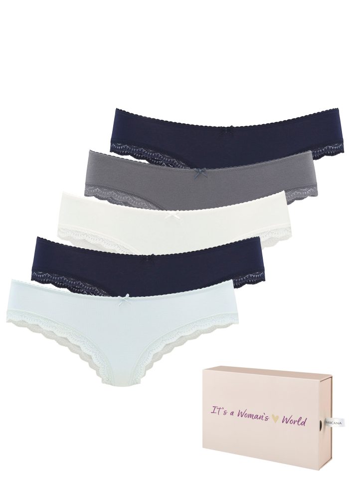 LASCANA Brasilslip 5er-Pack, aus elastischer Baumwolle mit zarter Spitze, mit Aufbewahrungsbox