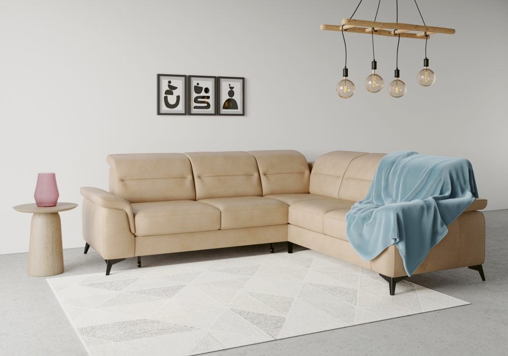 sit&more Ecksofa »Sinatra«, optinal mit Kopfteilverstellung und Armteilfunktion oder mit Kopfteilverstellung, Armteilfunktion, Bettfunktion und Schubkasten, langer Schenkel links oder rechts bestellbar, mattschwarze Metallfüsse