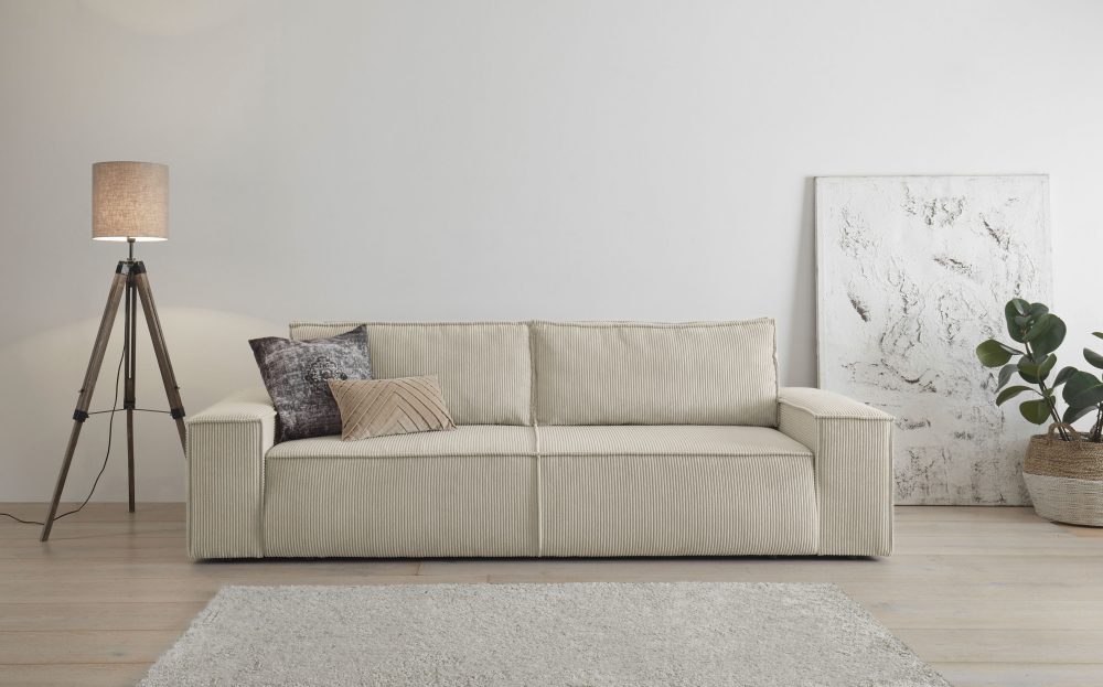 Premium collection by Home affaire 3-Sitzer »SHERWOOD«, nachts: Schlafsofa (Liegefläche 200x136 cm) mit Bettkasten, mit 2 losen Rückenkissen, hochwertiger Cord-Bezug, tagsüber chilliges 3-Sitzer-Sofa.