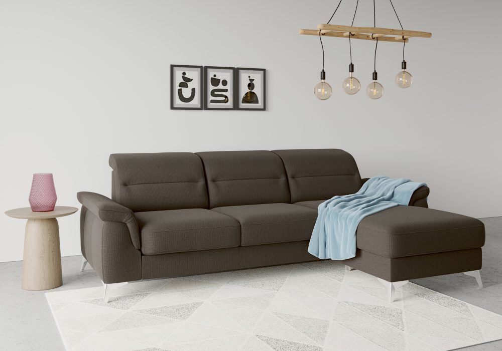 sit&more Ecksofa »Sinatra«, mit Recamiere, optinal mit Kopfteilverstellung und Armteilfunktion oder Kopfteilverstellung, Armteilfunktion, Bettfunktion und Bettkasten, chromfarbene Metallfüsse