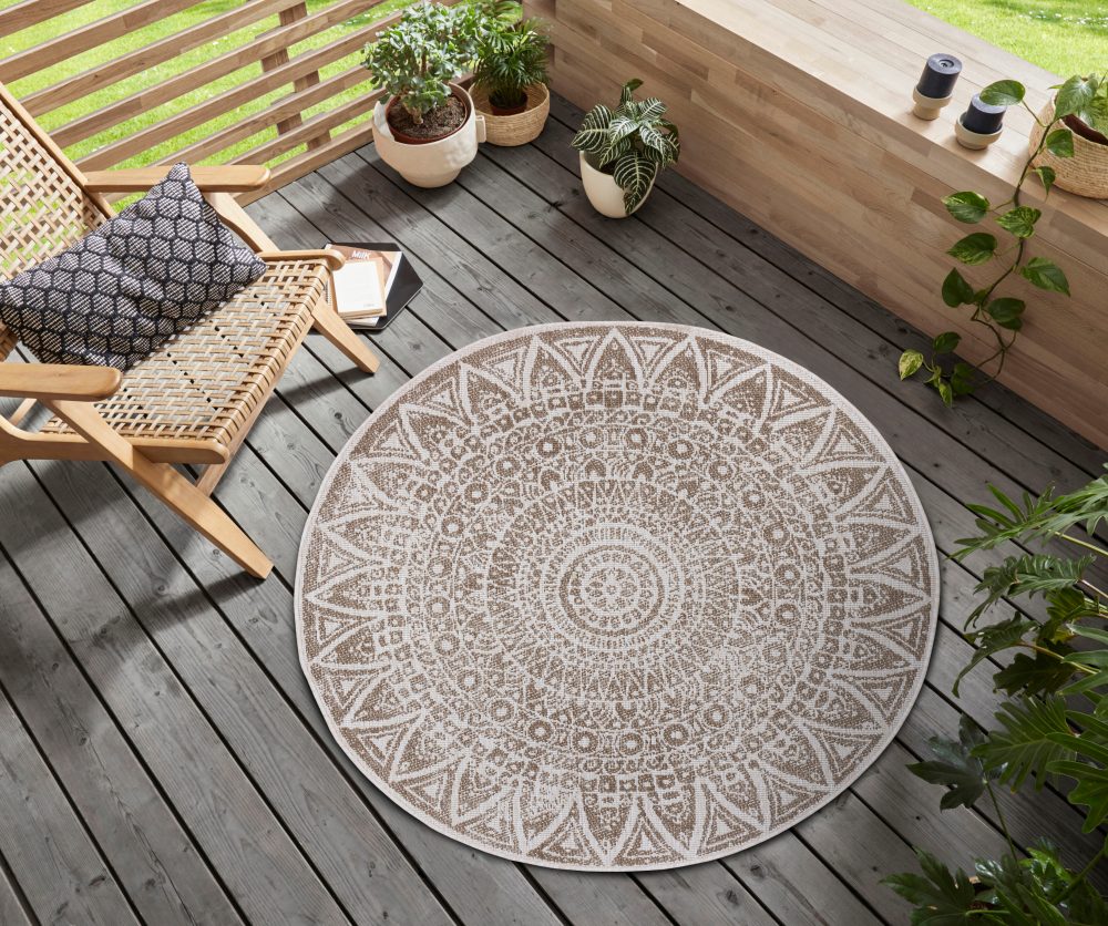 freundin Home Collection Teppich »Lilja«, rund, 5 mm Höhe, In-und Outdoor geeignet, Mandala, Wohnzimmer, Balkon, Terrasse, Garten, Pflegeleicht, Flachgewebe, Wendbar