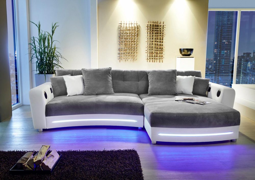 Jockenhöfer Gruppe Ecksofa, inklusive RGB-LED-Beleuchtung und Bluetooth-Soundsystem, Recamiere links oder rechts montierbar, inklusive loser Rücken- und Zierkissen, frei im Raum stellbar
