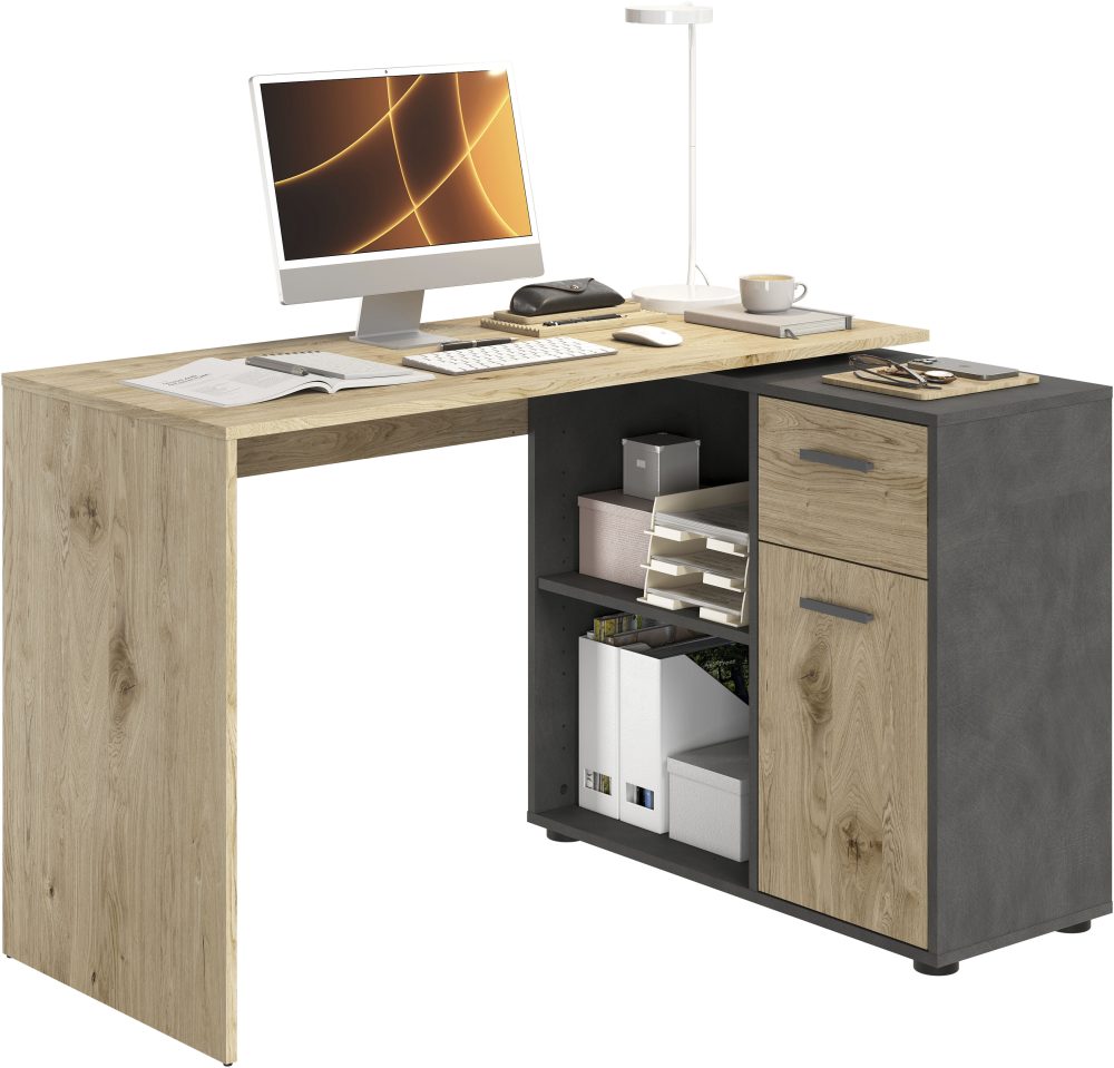 FMD Eckschreibtisch »AUGSBURG«, Schreibtisch / Sideboard mit Stauraum, drehbar, Breite 117/148 cm
