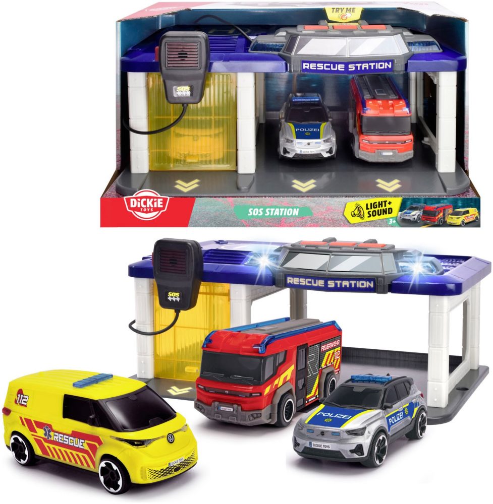 Dickie Toys Spiel-Gebäude »S.O.S Station«, mit 3 Spielzeug-Fahrzeugen sowie Licht und Sound