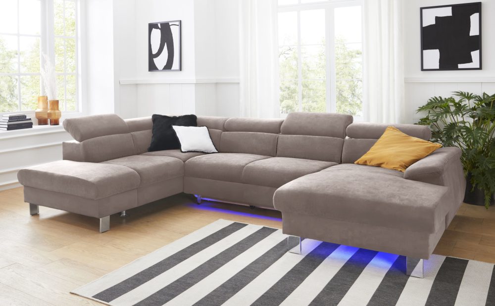 COTTA Wohnlandschaft »Komaris«, inklusive Kopfteilverstellung, wahlweise mit Bettfunktion und RGB-LED-Beleuchtung, moderner chromfarbener Fuss