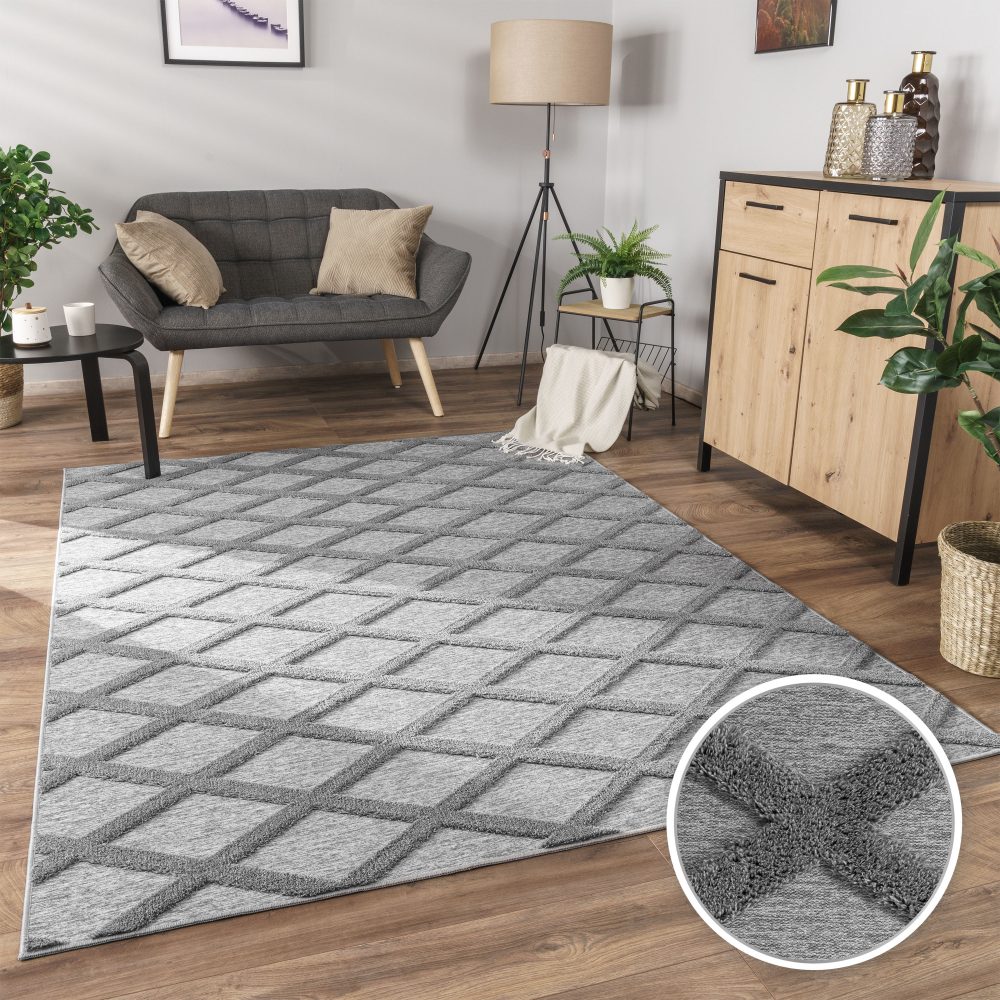 Paco Home Teppich »Utrecht 642«, rechteckig, Kurzflor, Uni Farben, 3D-Design, Rauten Muster, Hoch-Tief Effekt