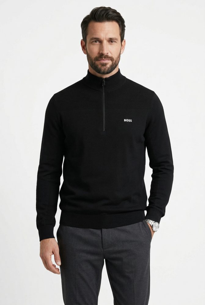 BOSS GREEN Strickpullover Stehkragen mit Reissverschluss, Regular Fit