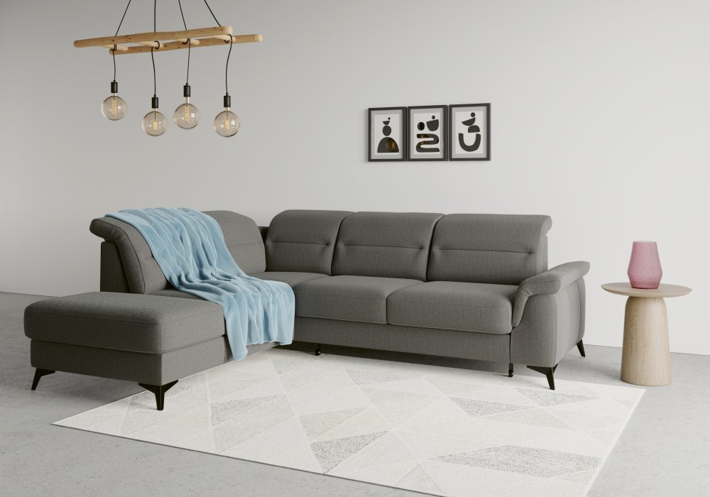 sit&more Ecksofa »Sinatra«, mit Ottomane, optional mit Kopfteilverstellung und Armteilfunktion oder mit Kopfteilverstellung, Armteilfunktion, Bettfunktion und Stauraum, mattschwarze Metallfüsse
