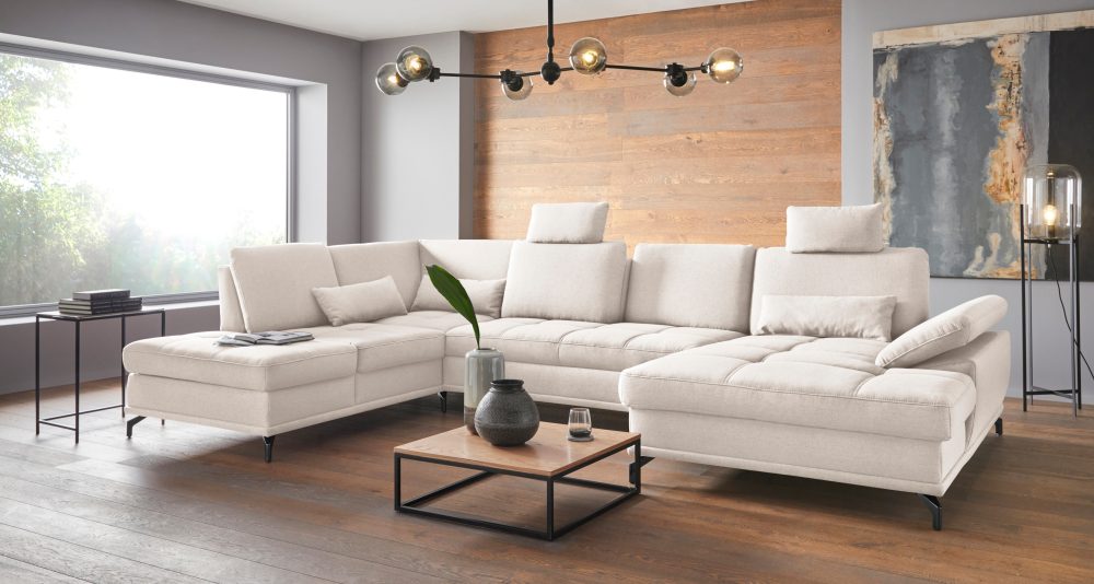 Places of Style Wohnlandschaft »Costello«, incl. Sitztiefenverstellung und Armlehnfunktion, Federkern, wahlweise mit Bettfunktion und Stauraum, 3 Nierenkissen