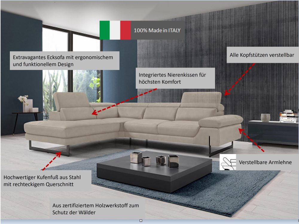 Egoitaliano Ecksofa »Queenie«, mit verstellbaren Arm- und Rücken- bzw. Kopfteilen