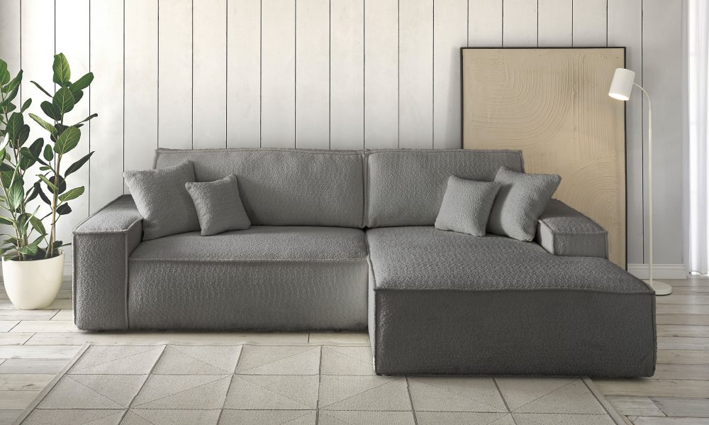 Home affaire Ecksofa »CHAMBORD«, mit Bett-Funktion (Liegefläche 210x136 cm), Bettkasten, mit 2 losen Rückenkissen und Zierkissen gratis, weicher Bouclestoff aus 90 % recycelten Fasern!
