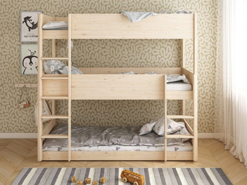 Lüttenhütt Etagenbett »TIPO BESTSELLER! Stockbett, Hochbett, Bodenbett, platzsparend«, (Leitern beidseitig montierbar), mit 3 Schlafplätzen, FSC® zertifiziertes Massivholz (Kiefer)