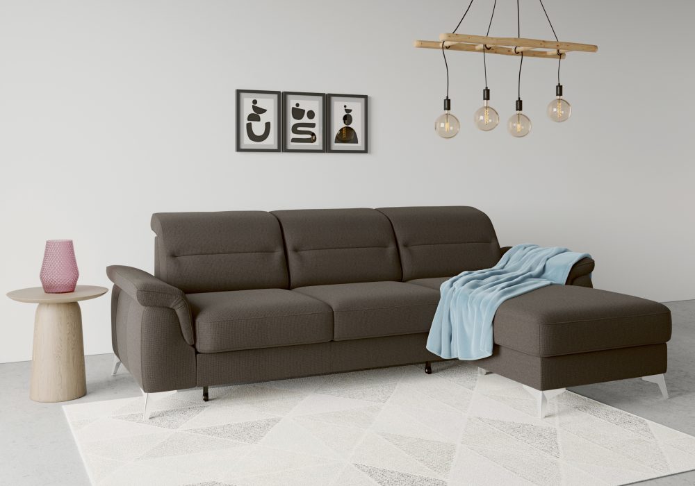 sit&more Ecksofa »Sinatra«, mit Recamiere, optinal mit Kopfteilverstellung und Armteilfunktion oder Kopfteilverstellung, Armteilfunktion, Bettfunktion und Bettkasten, chromfarbene Metallfüsse