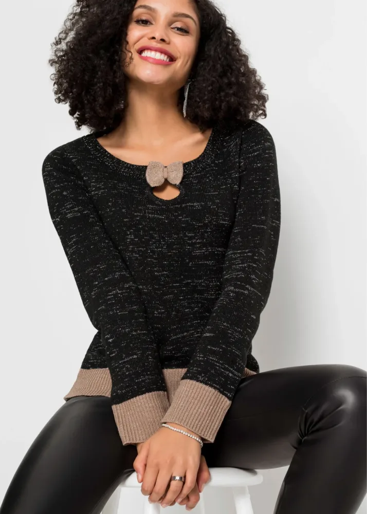 bonprix Pullover mit Schleifeschwarz 32Damen