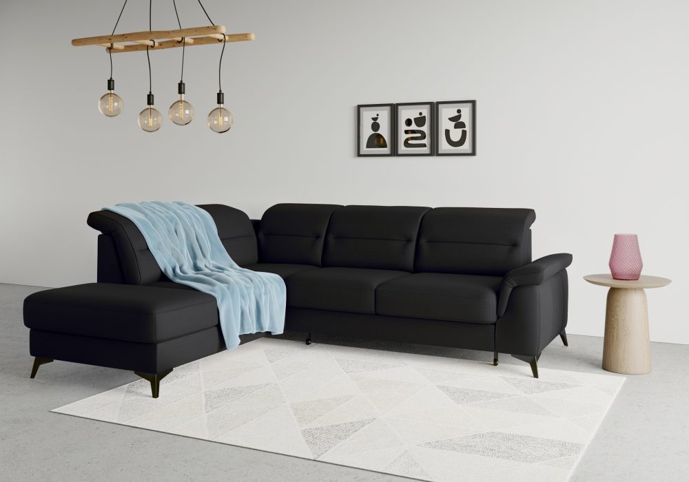 sit&more Ecksofa »Sinatra«, mit Ottomane, optional mit Kopfteilverstellung und Armteilfunktion oder mit Kopfteilverstellung, Armteilfunktion, Bettfunktion und Stauraum, mattschwarze Metallfüsse