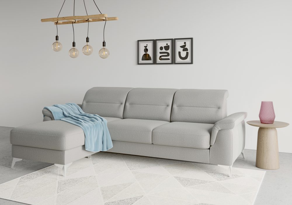sit&more Ecksofa »Sinatra«, mit Recamiere, optinal mit Kopfteilverstellung und Armteilfunktion oder Kopfteilverstellung, Armteilfunktion, Bettfunktion und Bettkasten, chromfarbene Metallfüsse