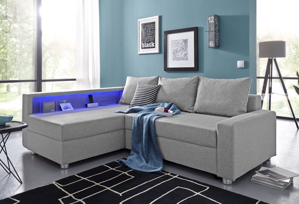 COLLECTION AB Ecksofa, inklusive Bettfunktion, Bettkasten und Federkern, wahlweise mit RGB-LED-Beleuchtung und USB-Port, Inklusive seitlichem Regalboden, Ottomane links oder rechts montierbar