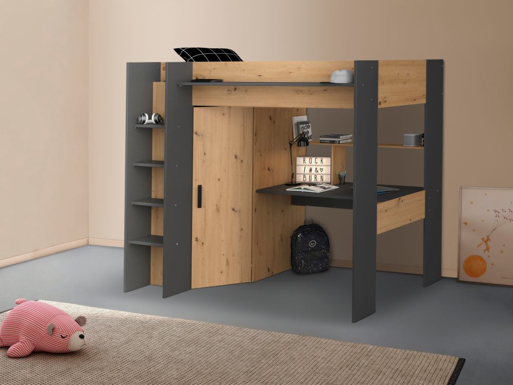 Hochbett mit Schreibtisch + Kleiderschrank Naturfarben AUCKLAND Hochbett mit Schreibtisch + Kleiderschrank Naturfarben AUCKLAND