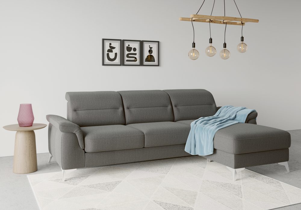 sit&more Ecksofa »Sinatra«, mit Recamiere, optinal mit Kopfteilverstellung und Armteilfunktion oder Kopfteilverstellung, Armteilfunktion, Bettfunktion und Bettkasten, chromfarbene Metallfüsse