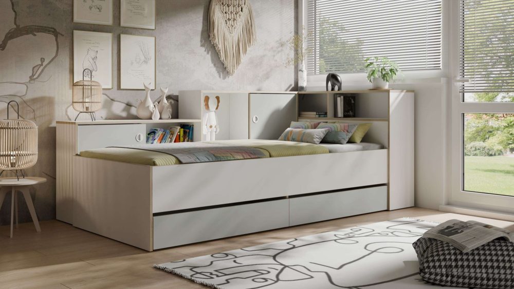 Home affaire Jugendbett »ELLETE Stauraumbett 90x200 cm, Masse B/T/H: 231,5/125,5/88,5 cm«, Bett ohne Matratze mit 2 Schubladen, 2 Türen und 6 Fächer