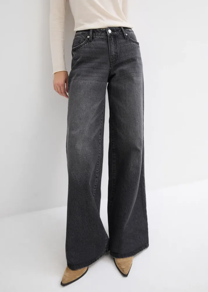 bonprix Wide-Leg-Jeans, Mid Waist, Low Stretchschwarz 40Damen