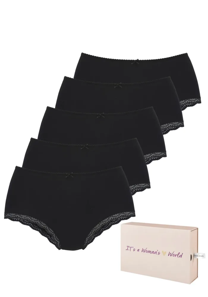 LASCANA Taillenslip 5er-Pack, aus elastischer Baumwolle mit zarter Spitze, mit Aufbewahrungsbox