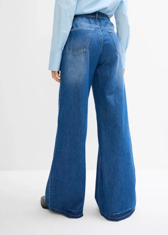 bonprix Weite Jeans weite Passform, 5-Pocket-Design, elastischer Bequembund, hohe Bundhöhe