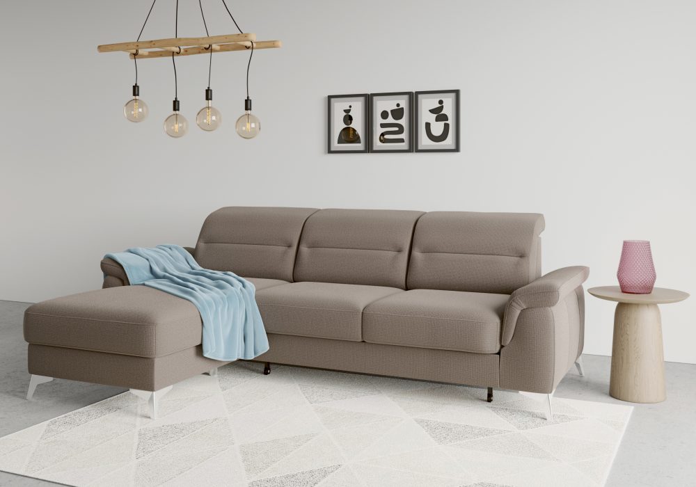 sit&more Ecksofa »Sinatra«, mit Recamiere, optinal mit Kopfteilverstellung und Armteilfunktion oder Kopfteilverstellung, Armteilfunktion, Bettfunktion und Bettkasten, chromfarbene Metallfüsse