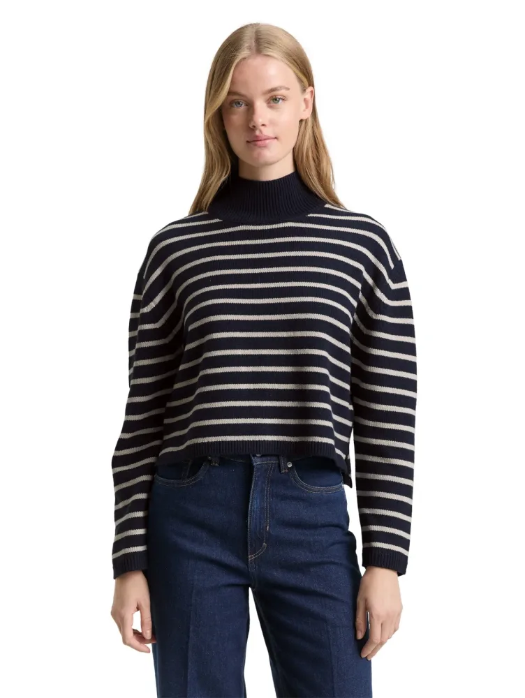 TOM TAILOR Denim Strickpullover im Streifen-Design und mit Stehkragen