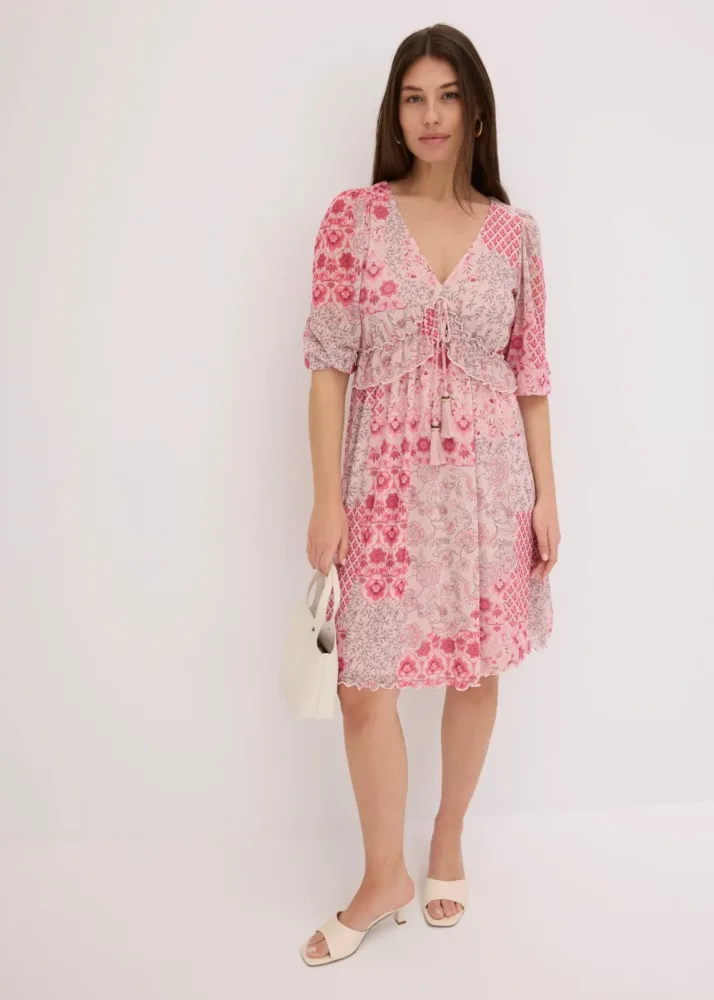 bonprix Tunikakleid lockerer Schnitt, mit Bindeband in der Taille, 3/4-Ärmel, Mesh