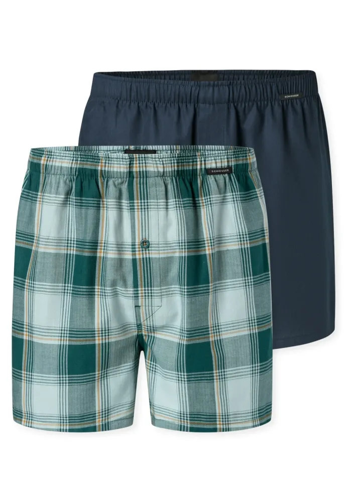 Schiesser Boxershorts mit Knopfleiste 2er-Pack Blau/Grün kariert - Boxershorts Multipacks für Herren, Größe 3XL, 100 % Baumwolle