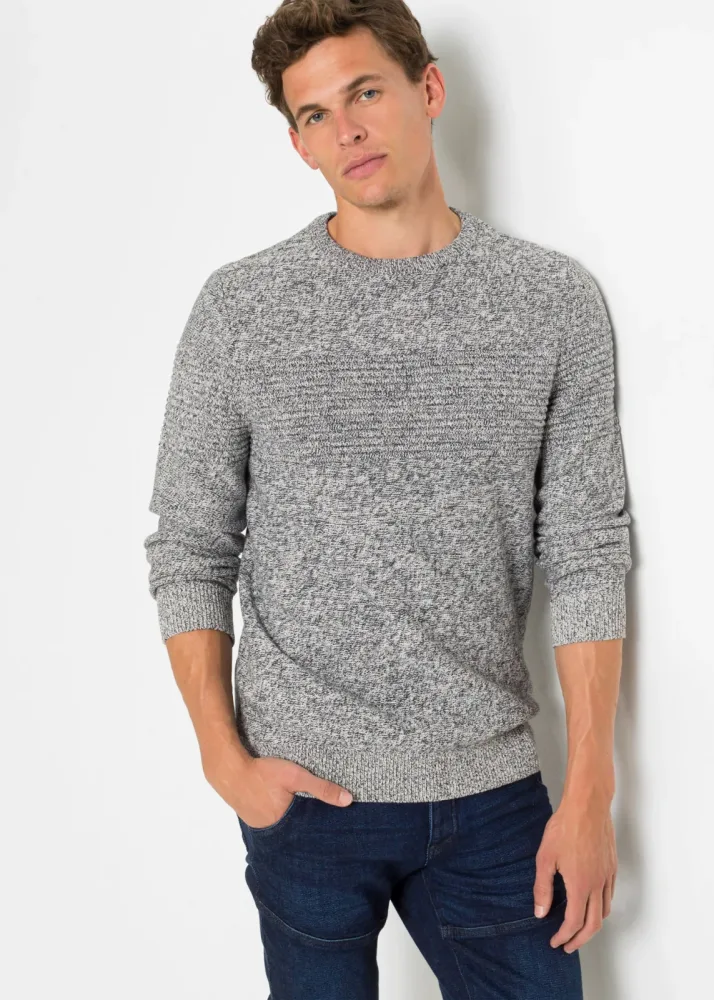 bonprix Strickpullover aus Baumwolle, ohne Kragen, Regular Fit, melierte Optik