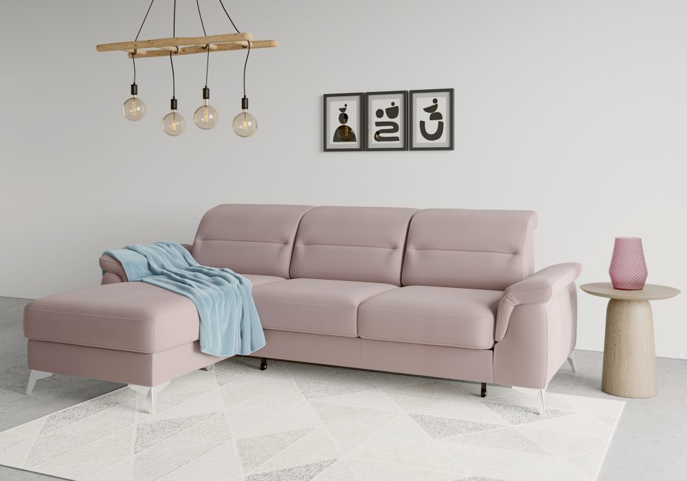 sit&more Ecksofa »Sinatra«, mit Recamiere, optinal mit Kopfteilverstellung und Armteilfunktion oder Kopfteilverstellung, Armteilfunktion, Bettfunktion und Bettkasten, chromfarbene Metallfüsse