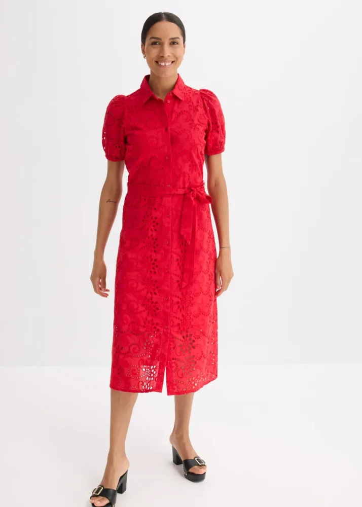 bonprix Lochstickerei-Blusenkleid aus reiner Baumwollerot 46Damen