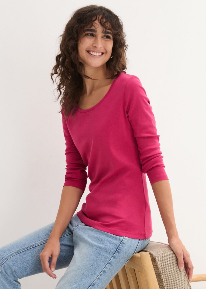 bonprix Langarmshirt leicht taillierte Passform, Rundhalsausschnitt, aus reiner Baumwolle