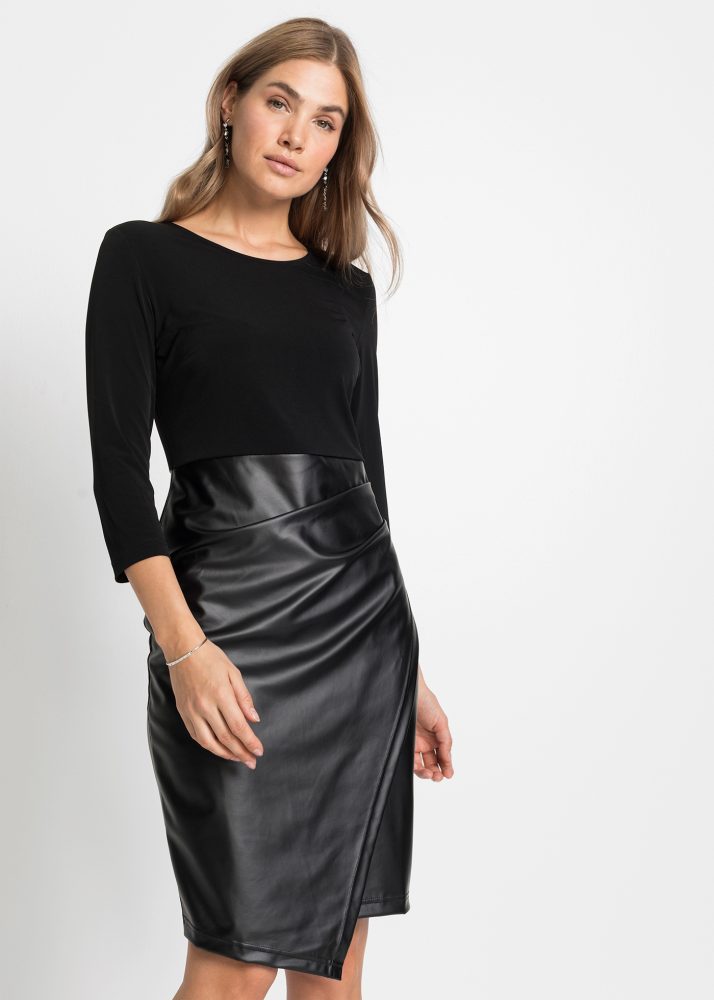 bonprix Etuikleid mit Rock in Wickeloptik, Mix aus Jersey und Lederimitat