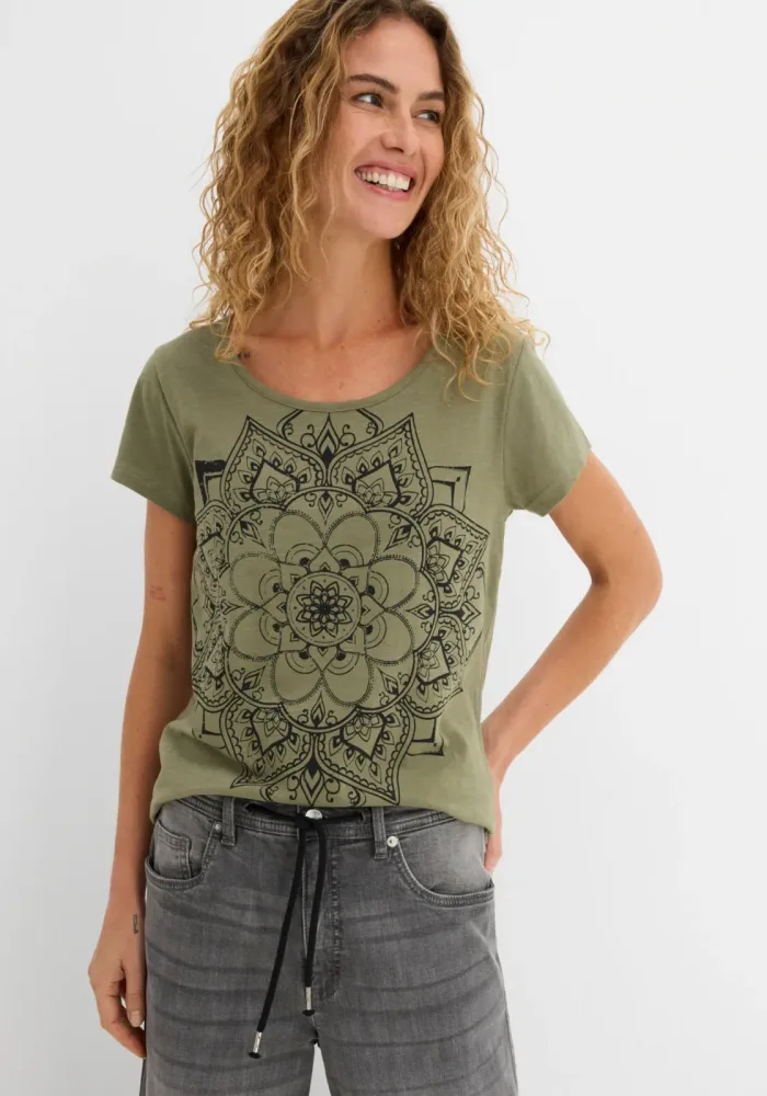 bonprix T-Shirt gerade Passform, Kurzarm, mit dekorativem Druck, aus Baumwolle