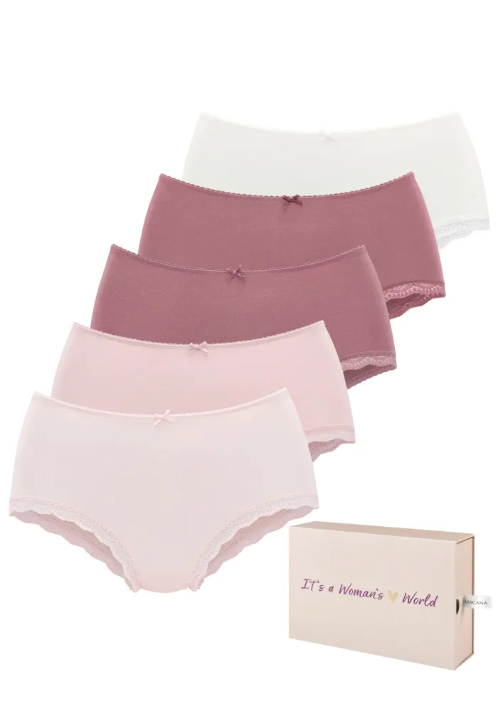 LASCANA Taillenslip 5er-Pack, aus elastischer Baumwolle mit zarter Spitze, mit Aufbewahrungsbox
