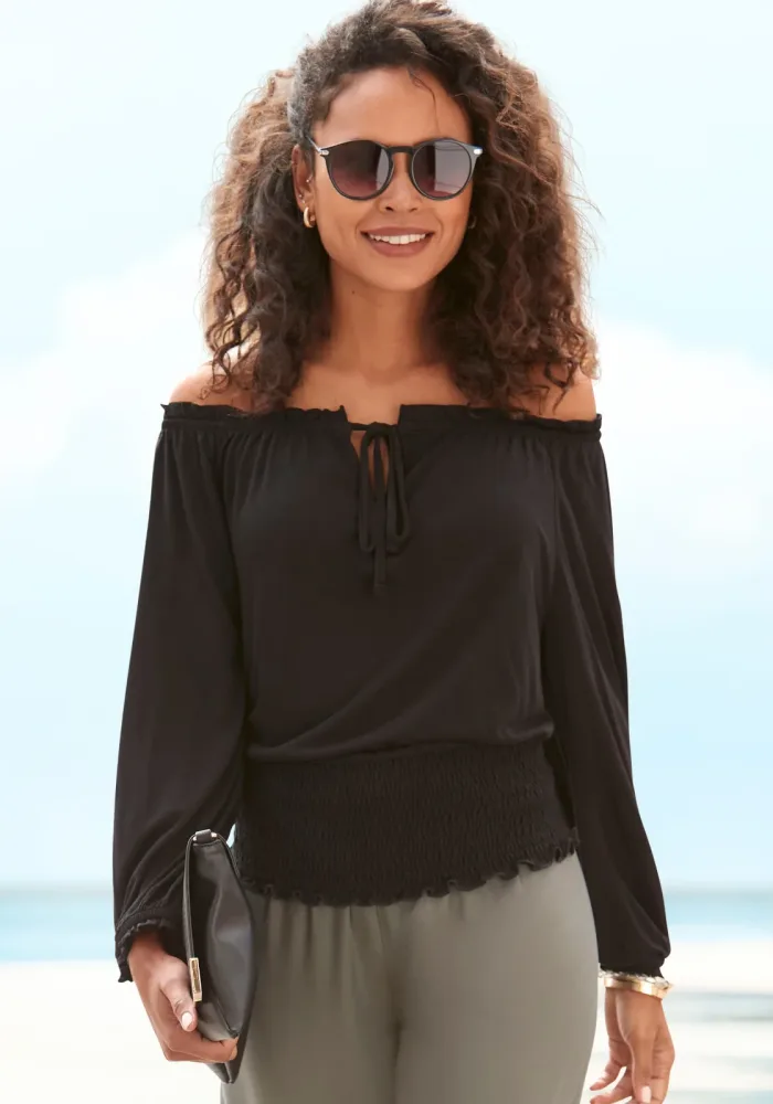 LASCANA Carmenshirt mit 3/4-Ärmeln, Blusenshirt mit Bindeband und Gummizug