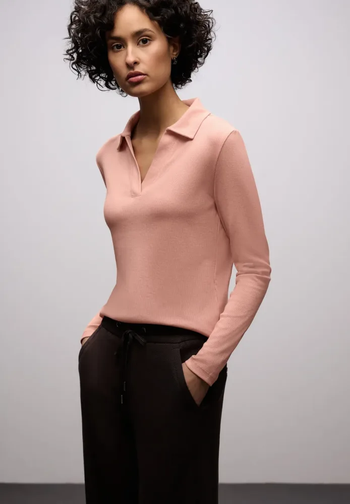 STREET ONE Langarm-Poloshirt in Melange-Optik und mit Ripp-Struktur