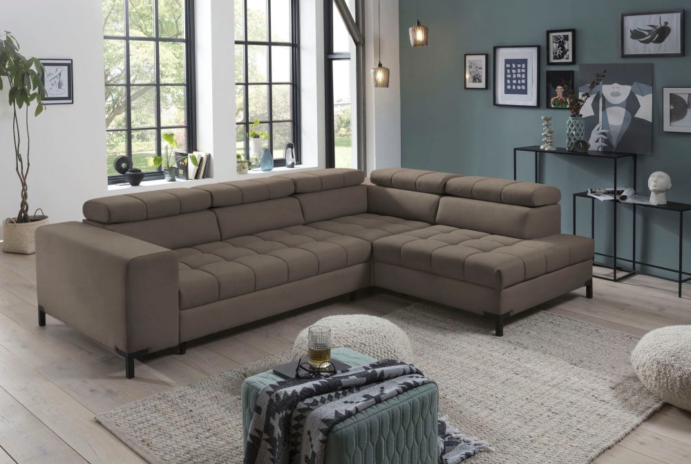 exxpo - sofa fashion Ecksofa, Steppung im Sitzbereich, Wahlweise mit Bettfunktion und Bettkasten, inklusive 5 verstellbaren Kopfstützen