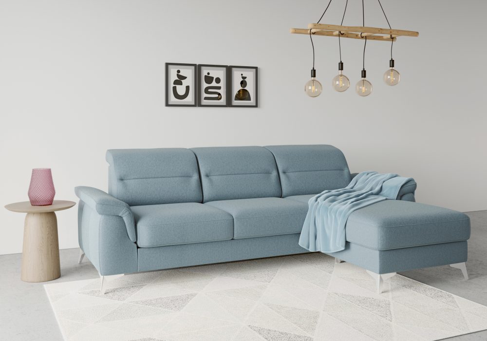 sit&more Ecksofa »Sinatra«, mit Recamiere, optinal mit Kopfteilverstellung und Armteilfunktion oder Kopfteilverstellung, Armteilfunktion, Bettfunktion und Bettkasten, chromfarbene Metallfüsse