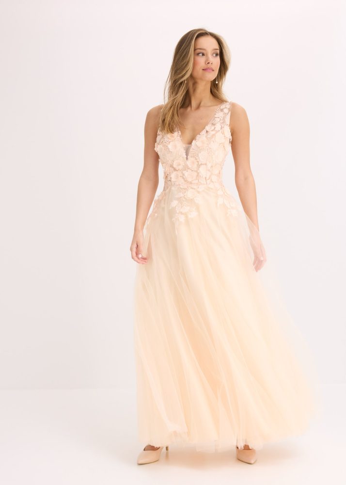 bonprix Maxikleid für festliche Anlässe, aus Tüll mit floraler Applikation, Maxi-Länge